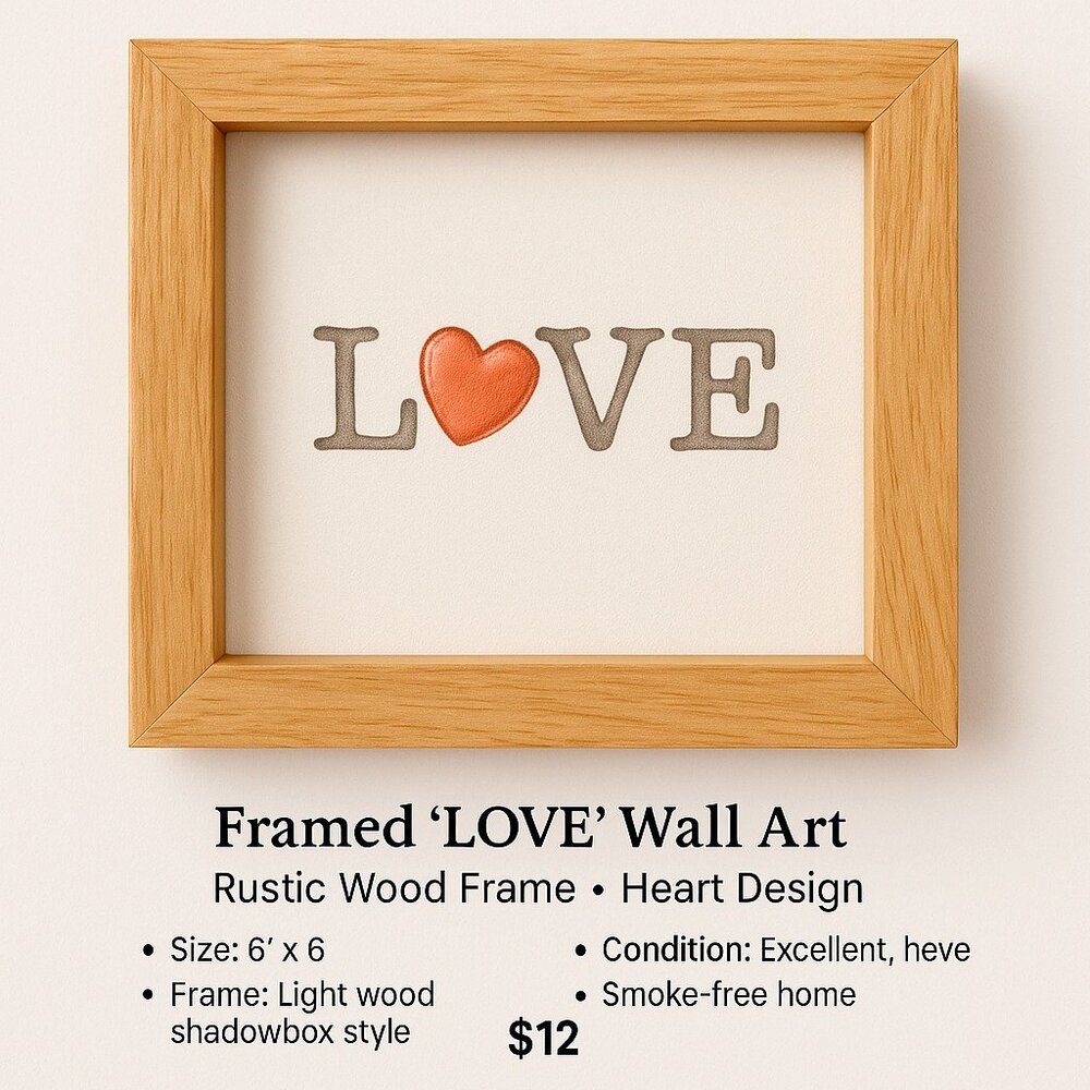 🖼️ Framed "LOVE" Wall Art – Rustic Wood Frame – Heart Design
